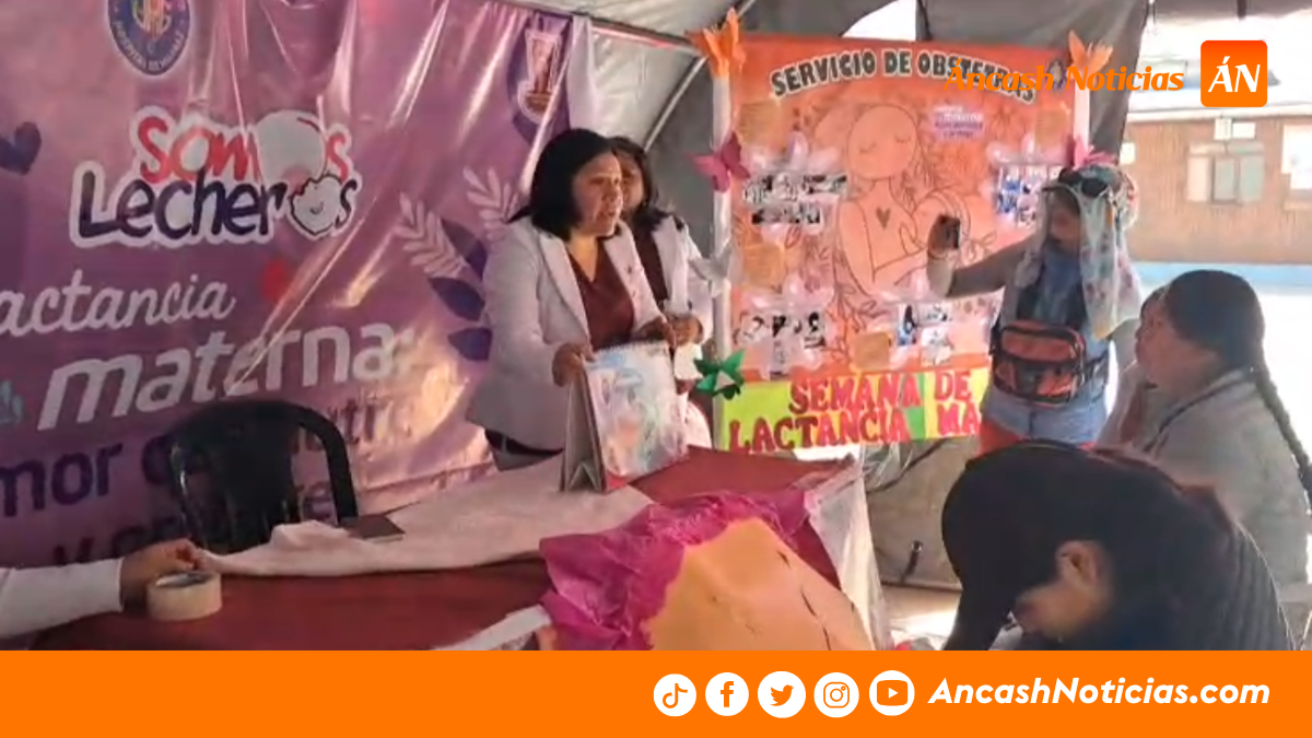 “Lanzamiento de la Semana de la Lactancia Materna en el Hospital de Huaraz con feria informativa y actividades.
