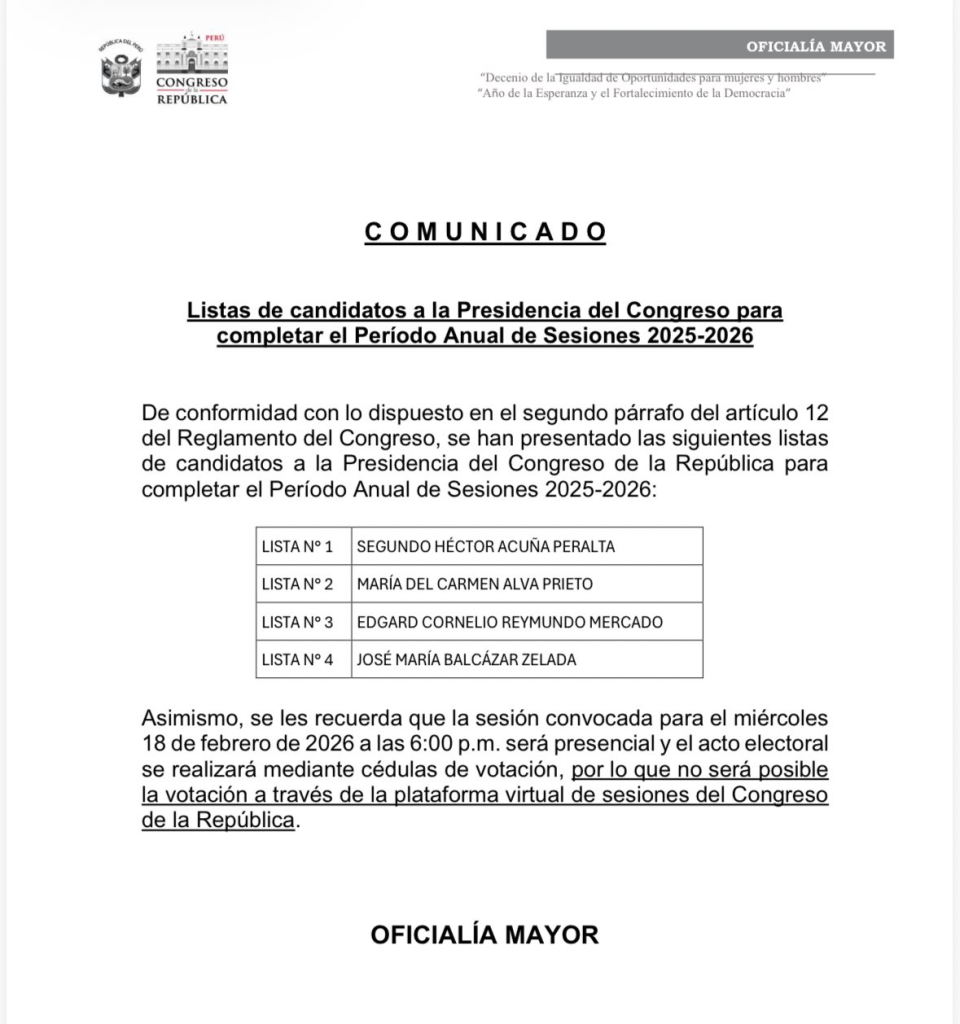 Foto del comunicado del Congreso de la República donde se aprecian la lista de candidatos a la presidencia del Congreso para completar el Periodo Anual de Sesiones 2025-2026
