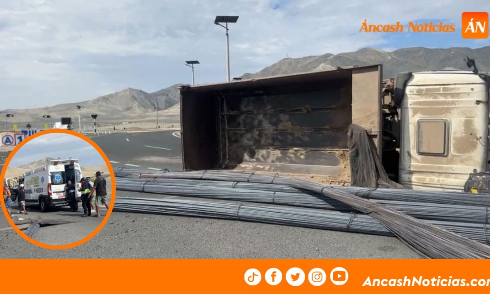 Casma: volquete cargado con fierros se vuelca en el óvalo de Playa Tortugas y deja un herido